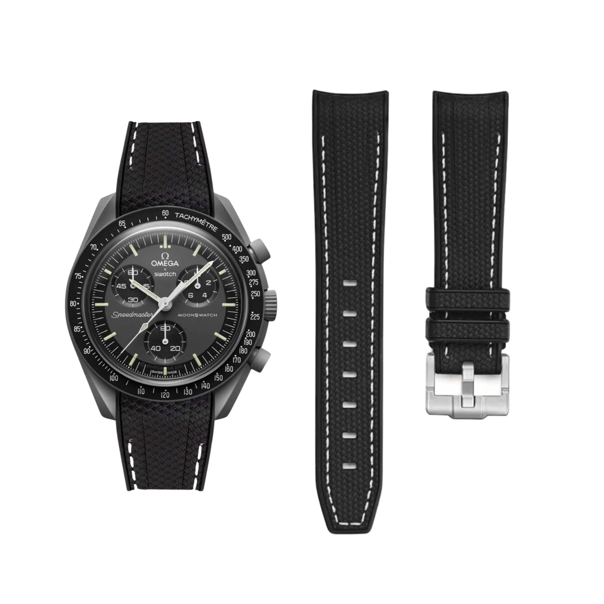 Pulseira de borracha - Para Missão a Mercúrio | Omega X Swatch | MoonSwatch - Preto com linha branca