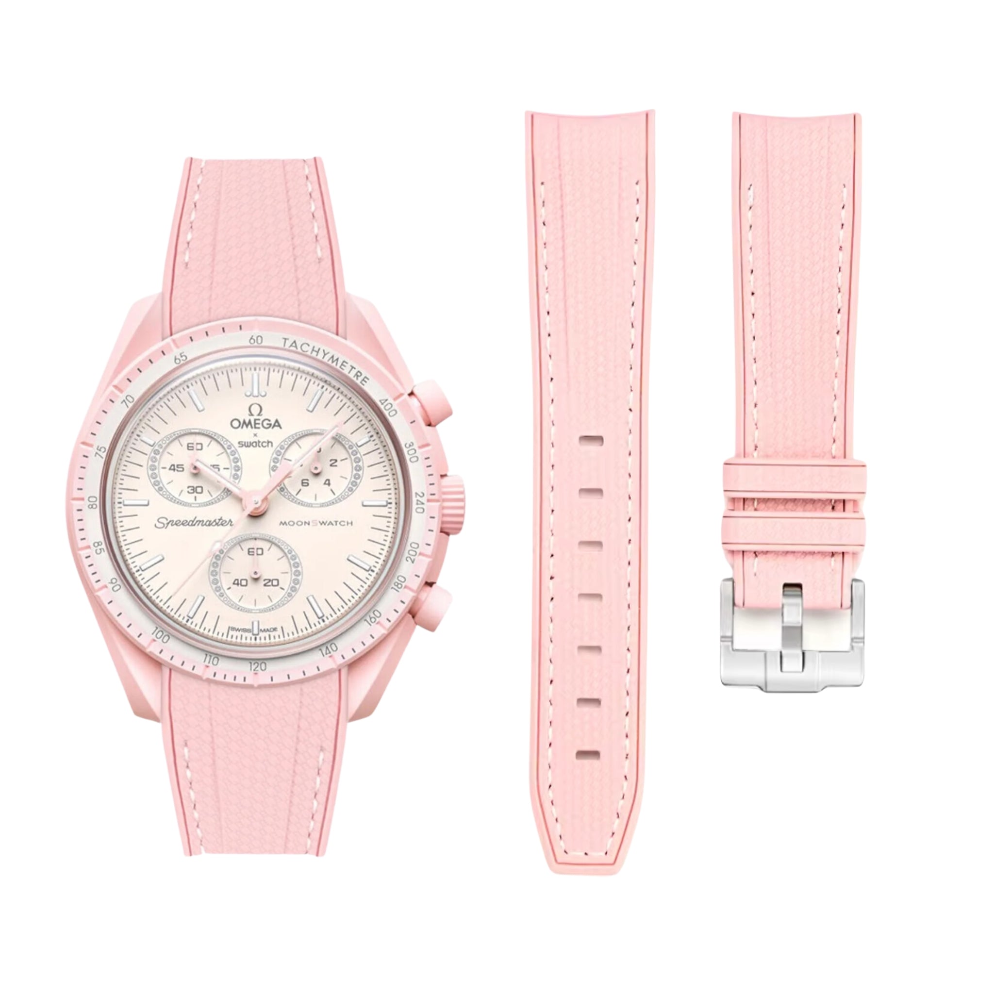 Pulseira de borracha - Para Missão Vênus | Omega X Swatch | MoonSwatch - Rosa com Branco