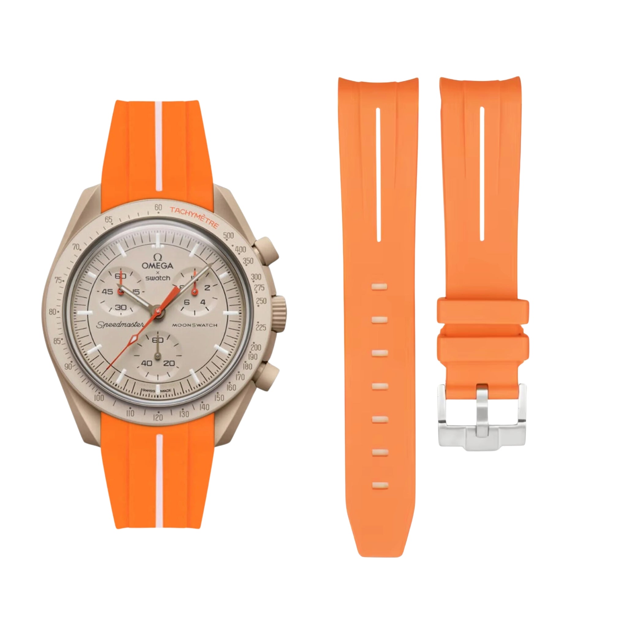 Pulseira de borracha - Para Missão Júpiter | Omega X Swatch | MoonSwatch - Laranja com linha branca