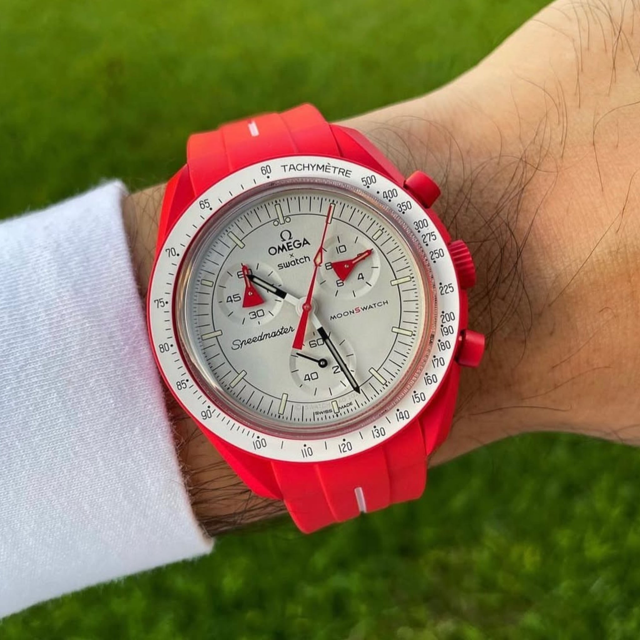Pulseira de borracha - Para Missão a Marte | Omega X Swatch | MoonSwatch - Vermelho com linha branca
