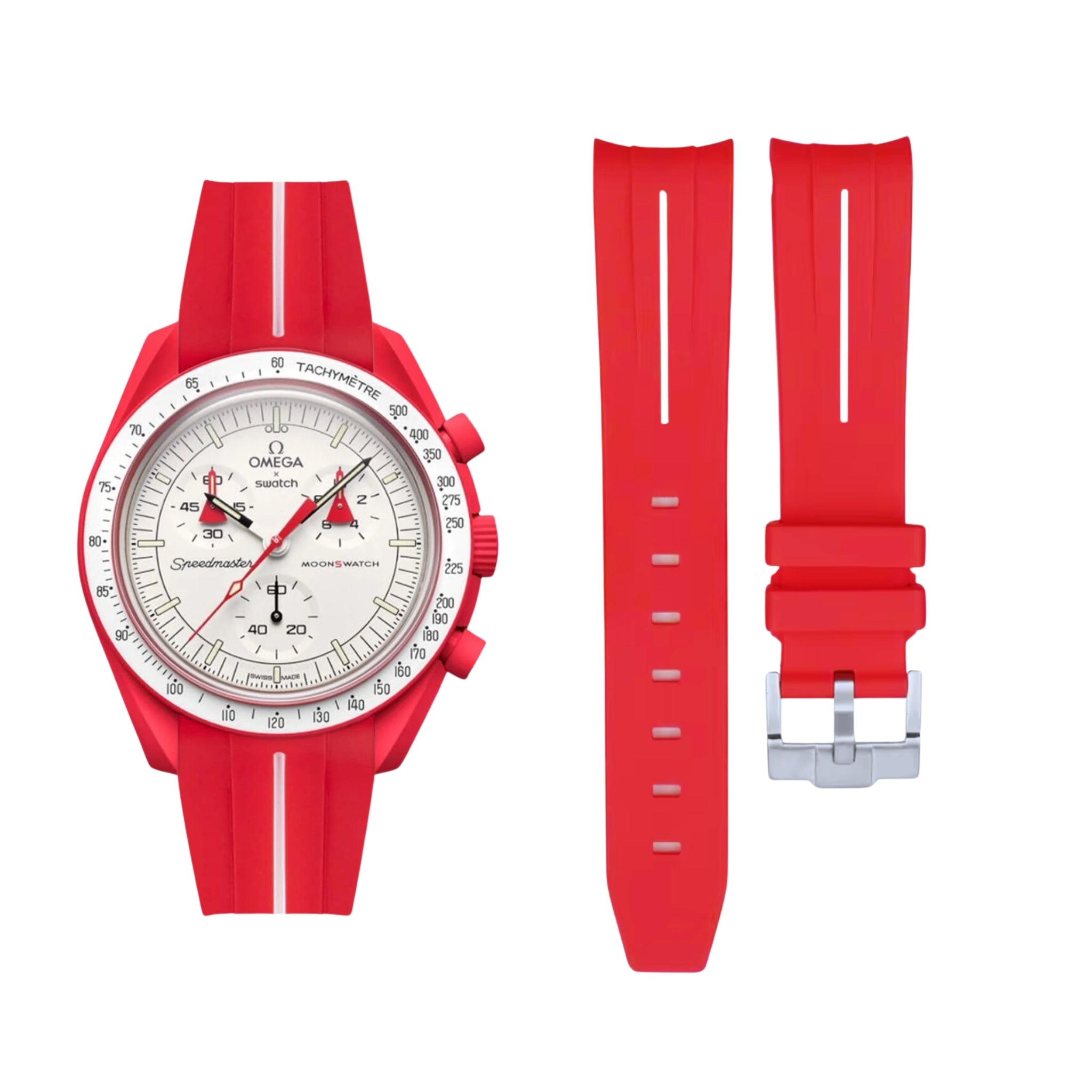 Pulseira de borracha - Para Missão a Marte | Omega X Swatch | MoonSwatch - Vermelho com linha branca