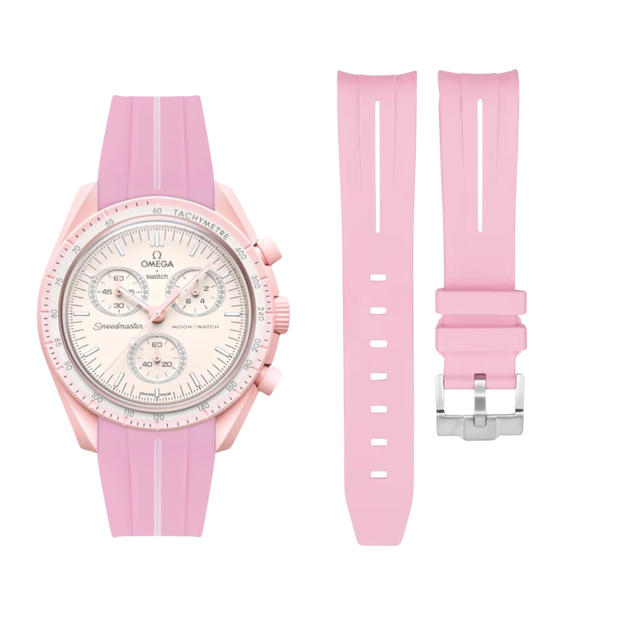 Pulseira de borracha - Para Missão Vênus | Omega X Swatch | MoonSwatch - Rosa com linha branca