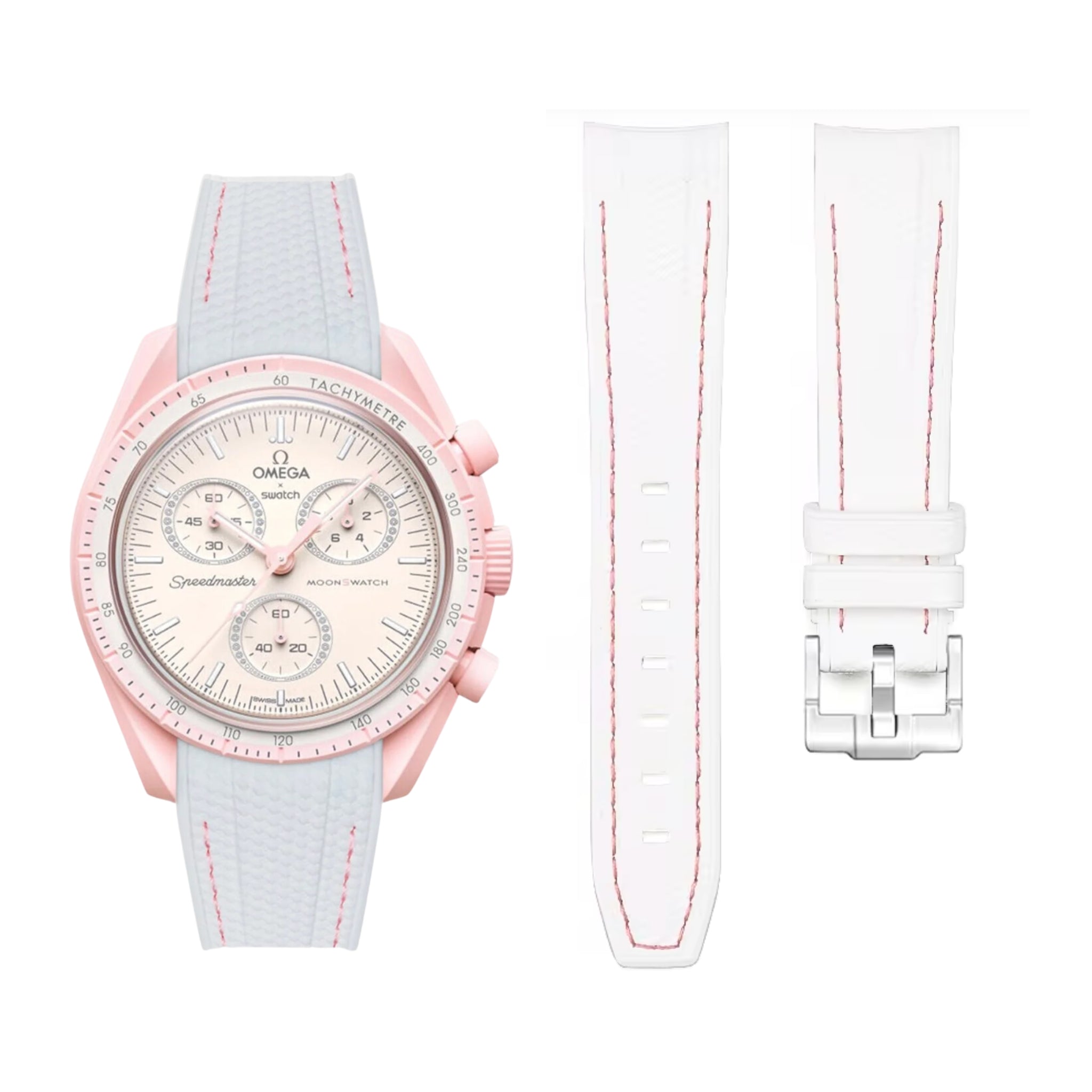 Pulseira de borracha - Para Missão Vênus | Omega X Swatch | MoonSwatch - Branco com Rosa